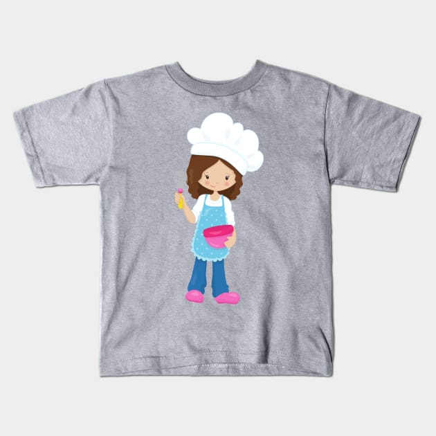 Baking, Baker, Pastry Chef, Cute Girl, Brown Hair Kids T-Shirt by Jelena Dunčević